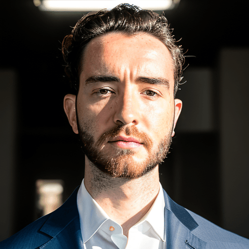 Connor Stone, photographed in a dark navy suit and open-collar white shirt.